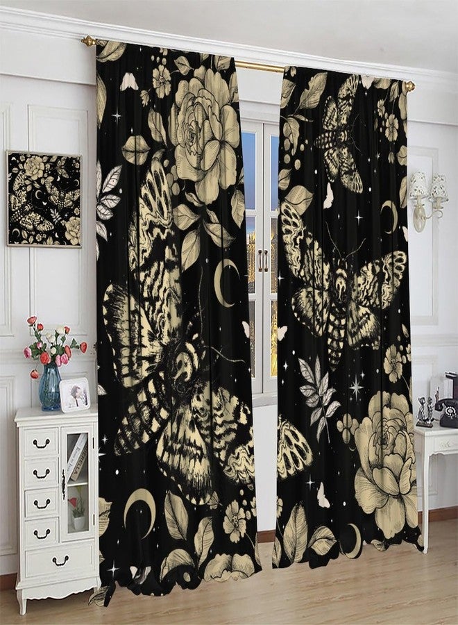 AAVEUP Gothic Moth Curtains for Bedroom,Vintage Boho Mystery Moon Phase Vintage Hippy Flower Plant Star Butterfly Window Drapes for Kids Boys Girls Living Room Kitchen 42x45in（No Blackout） - Image 4
